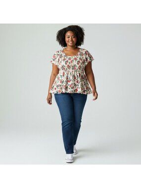 Torrid Floral Smocked Peplum Top Plus Size 3 Ivory-Red Short Flutter Sleeve